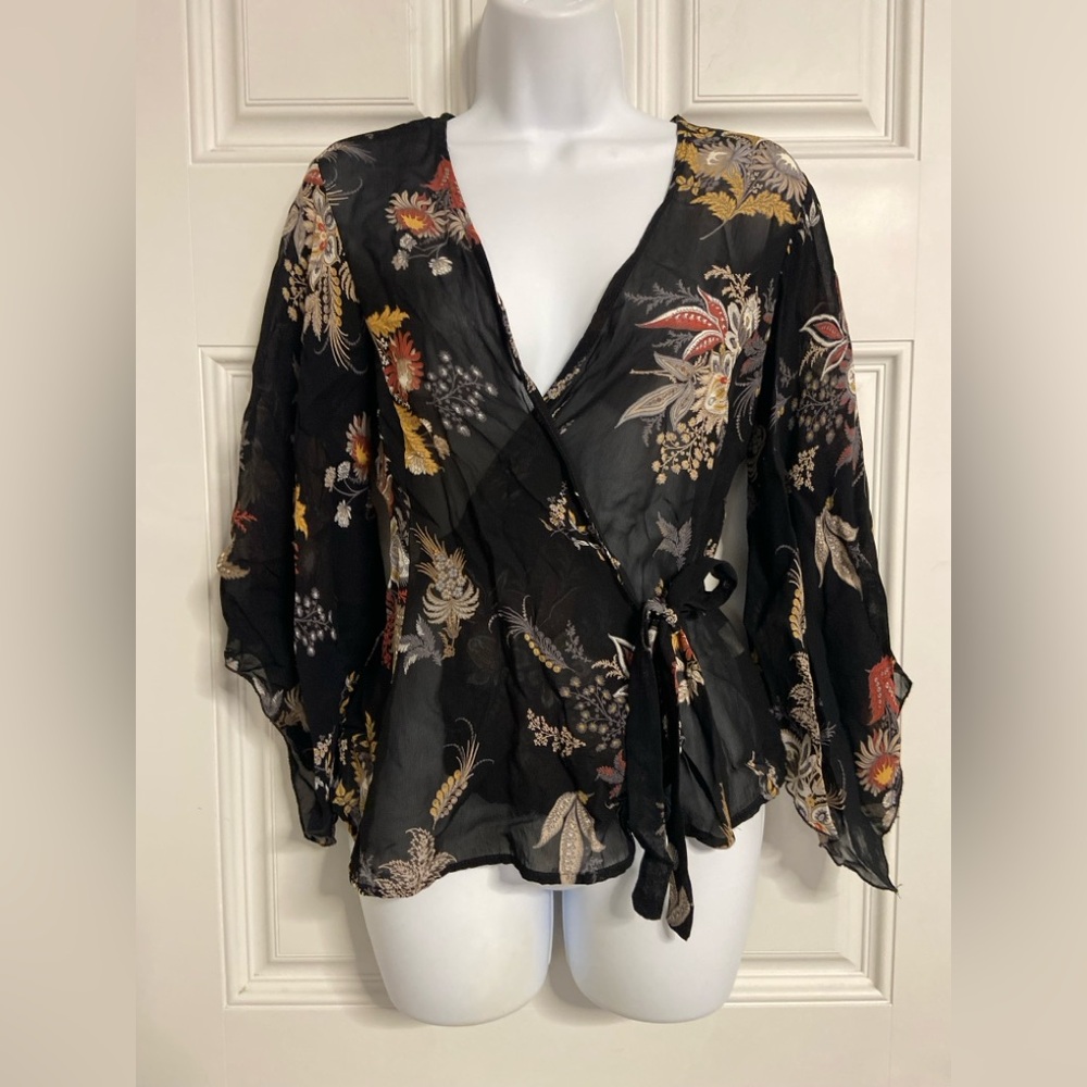 T35- Black Semi-Sheer Floral-Paisley KIMONO Wrap Top